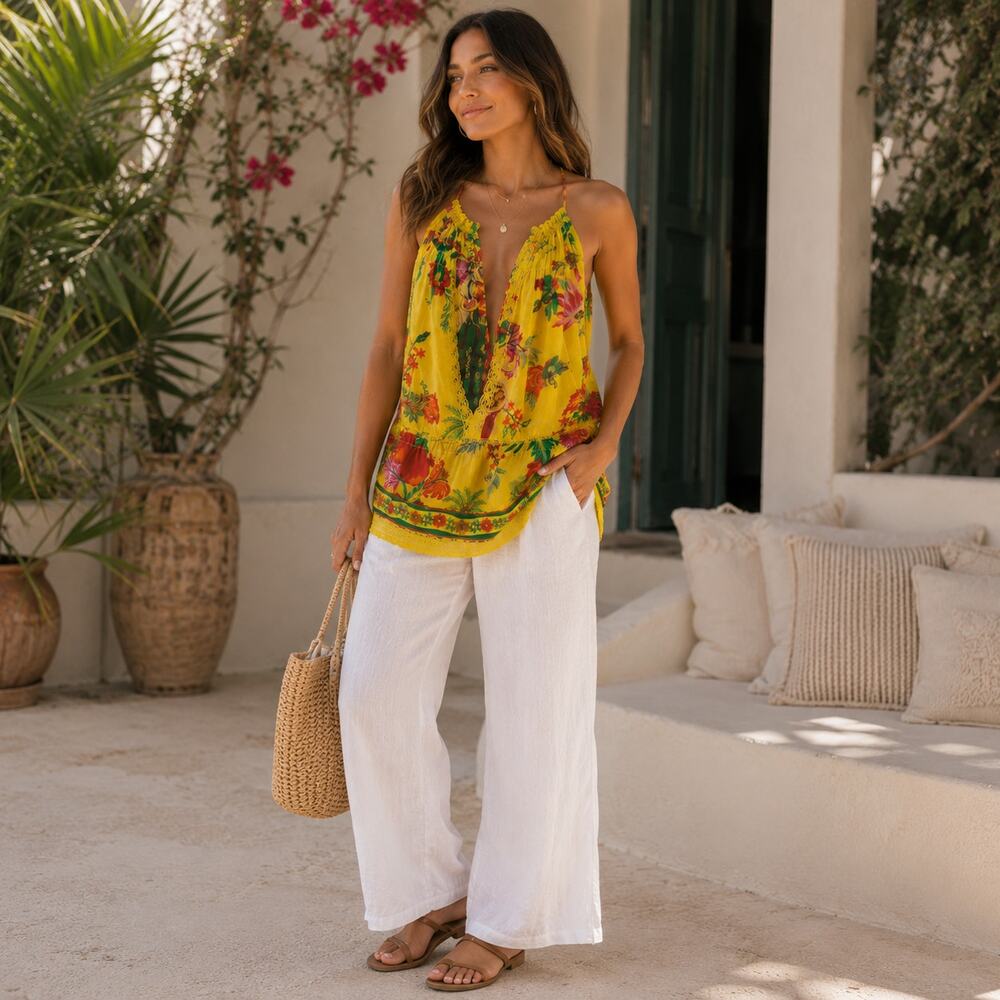 FARM Rio XL Yellow Tropical Floral Cami Swing Tank Top Boho Resort Vacation